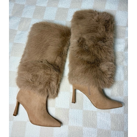 Bamboo Camel Tan Faux Fur Knee High Pointed Toe Stiletto Boots Size 11 - Picture 8 of 12